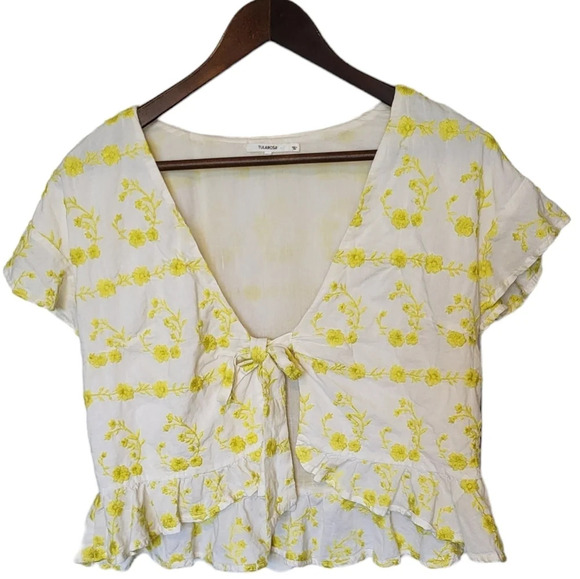 Tularosa Floral Embroidered Fairy Cottagecore Tie Front Ruffled Crop Top - Picture 3 of 11